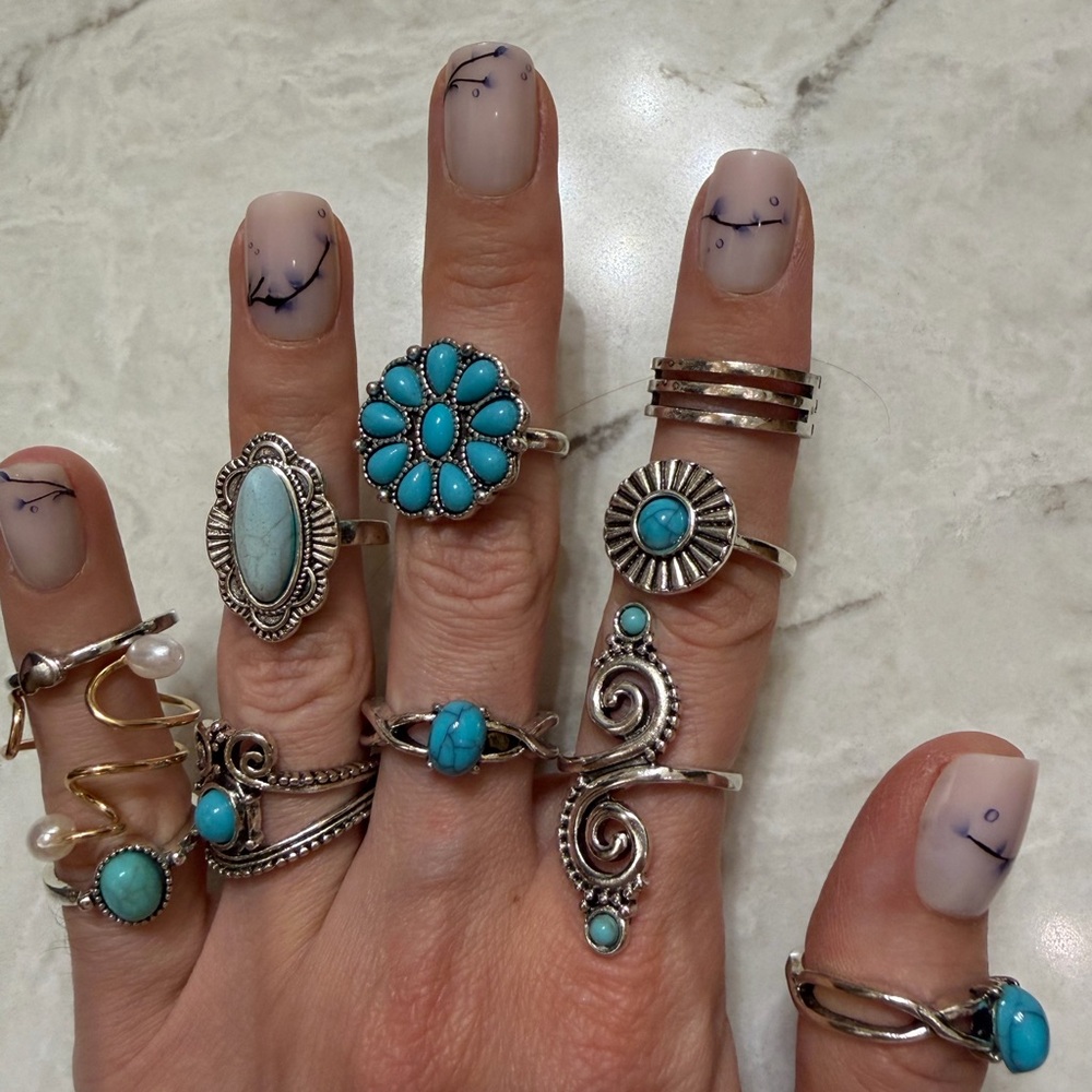 Faux Turquoise Silver Tone Boho Statement Rings Set - Women Jewelry